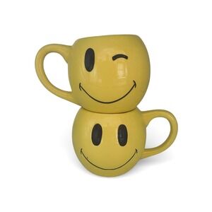 Vintage Pier 1 Smiley Face Mug Set Yellow Winking Face Pottery Ceramic Retro